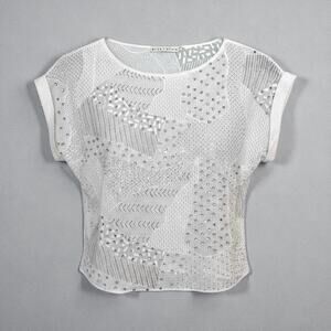 ALICE + OLIVIA Embellished Mesh Blouse White Silver Beaded Sheer Sz Small Bride